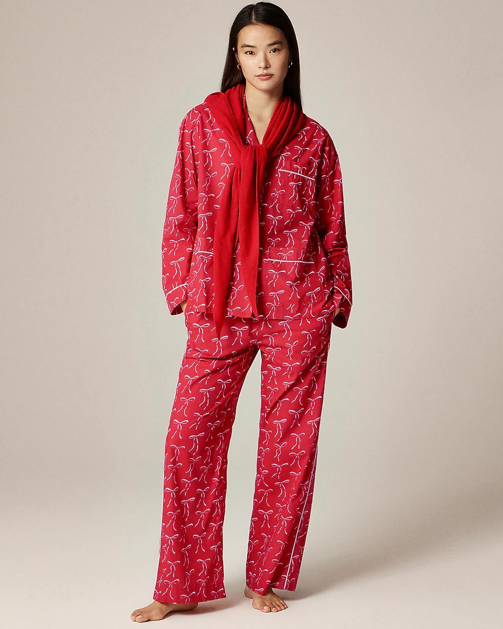 Cotton poplin pajama pant set in vintage bow print by J.CREW