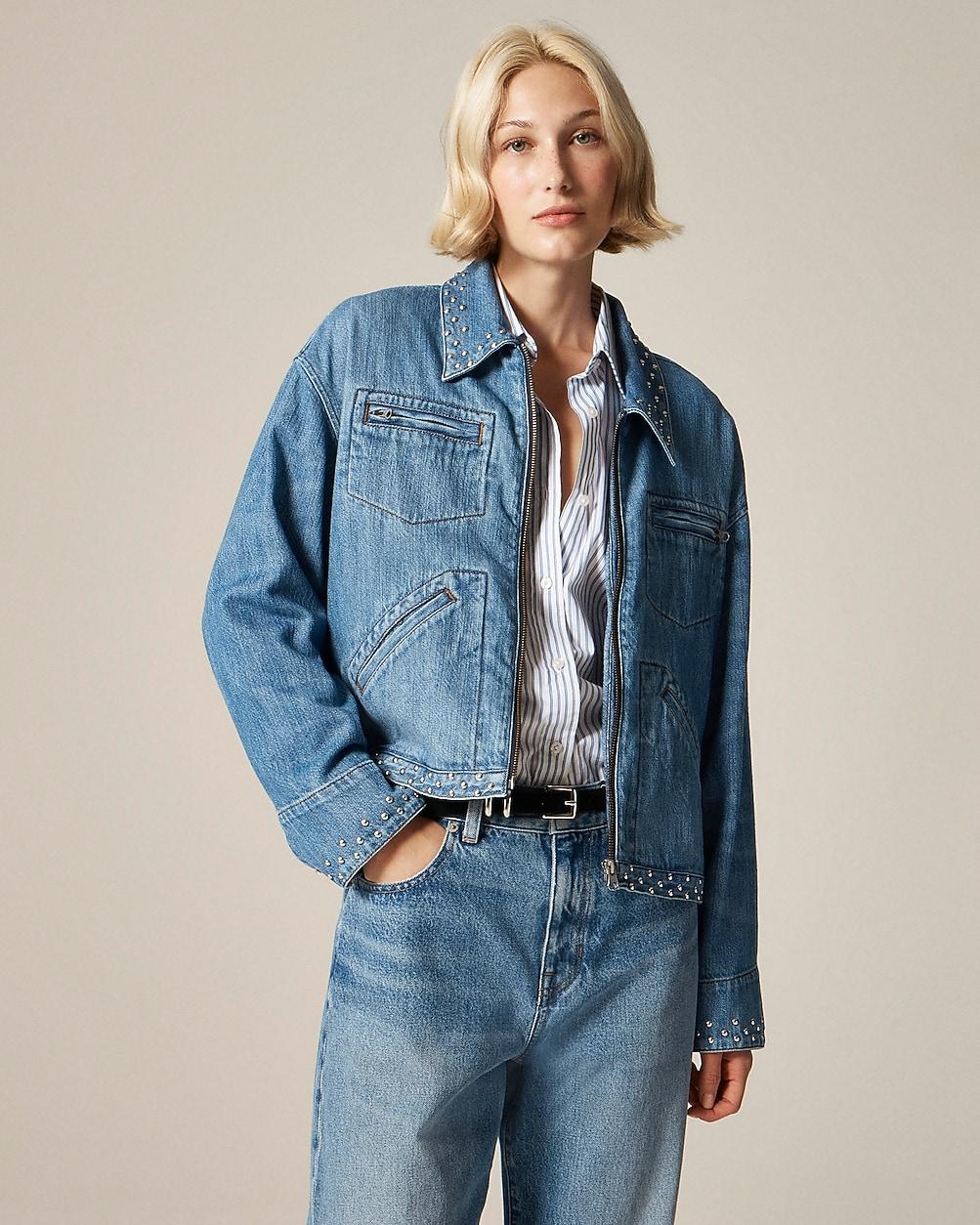 Cropped denim jacket with stud embellishments by J.CREW