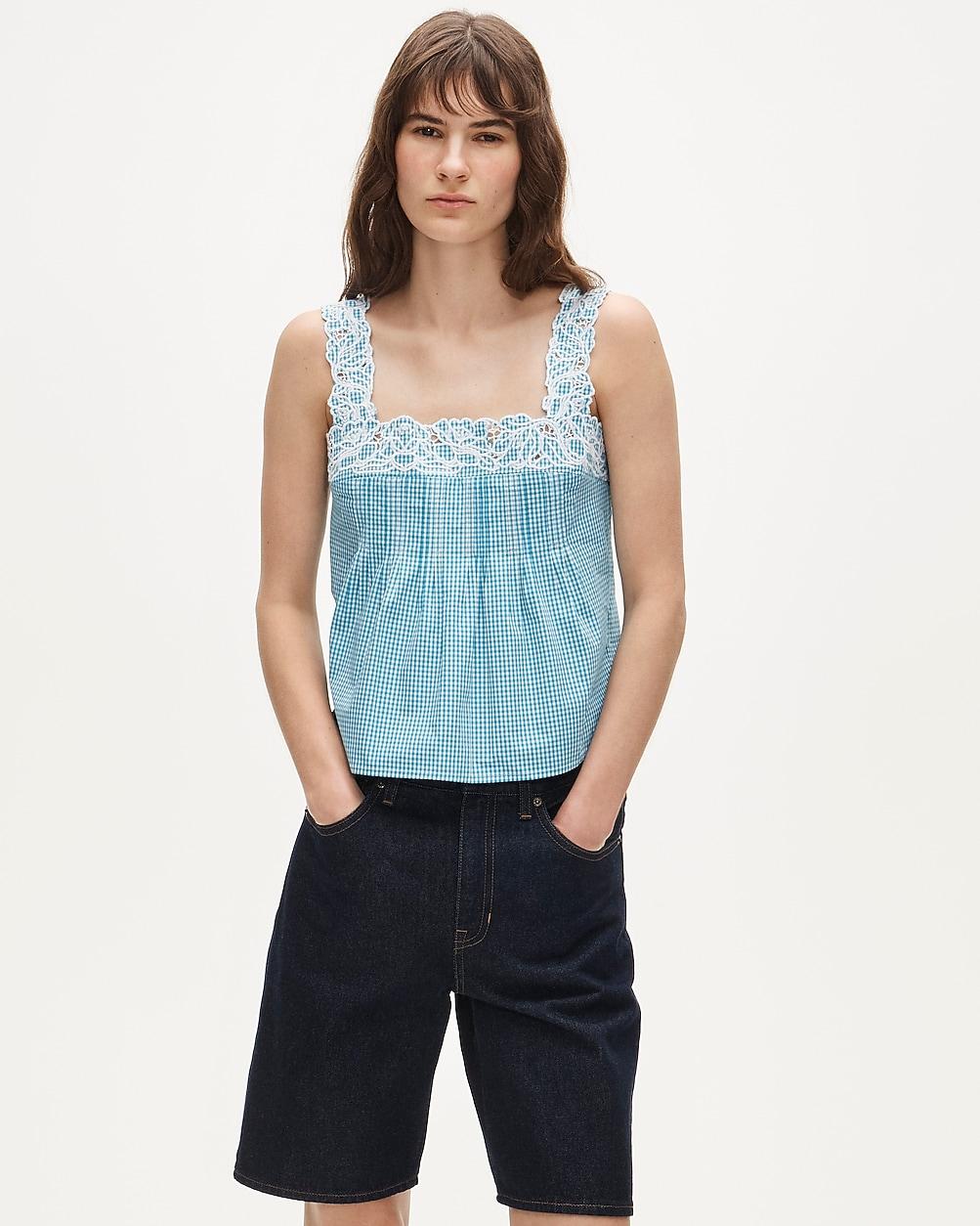 Embroidered lace-trim tank top in gingham compact poplin by J.CREW