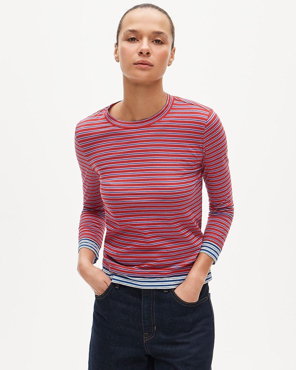Feather jersey three-quarter sleeve shirt in contrast stripe by J.CREW