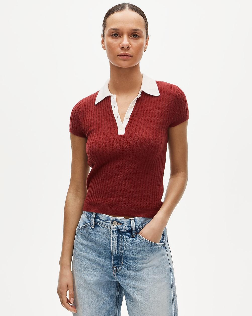 Featherweight cashmere pointelle sweater-polo with contrast collar by J.CREW