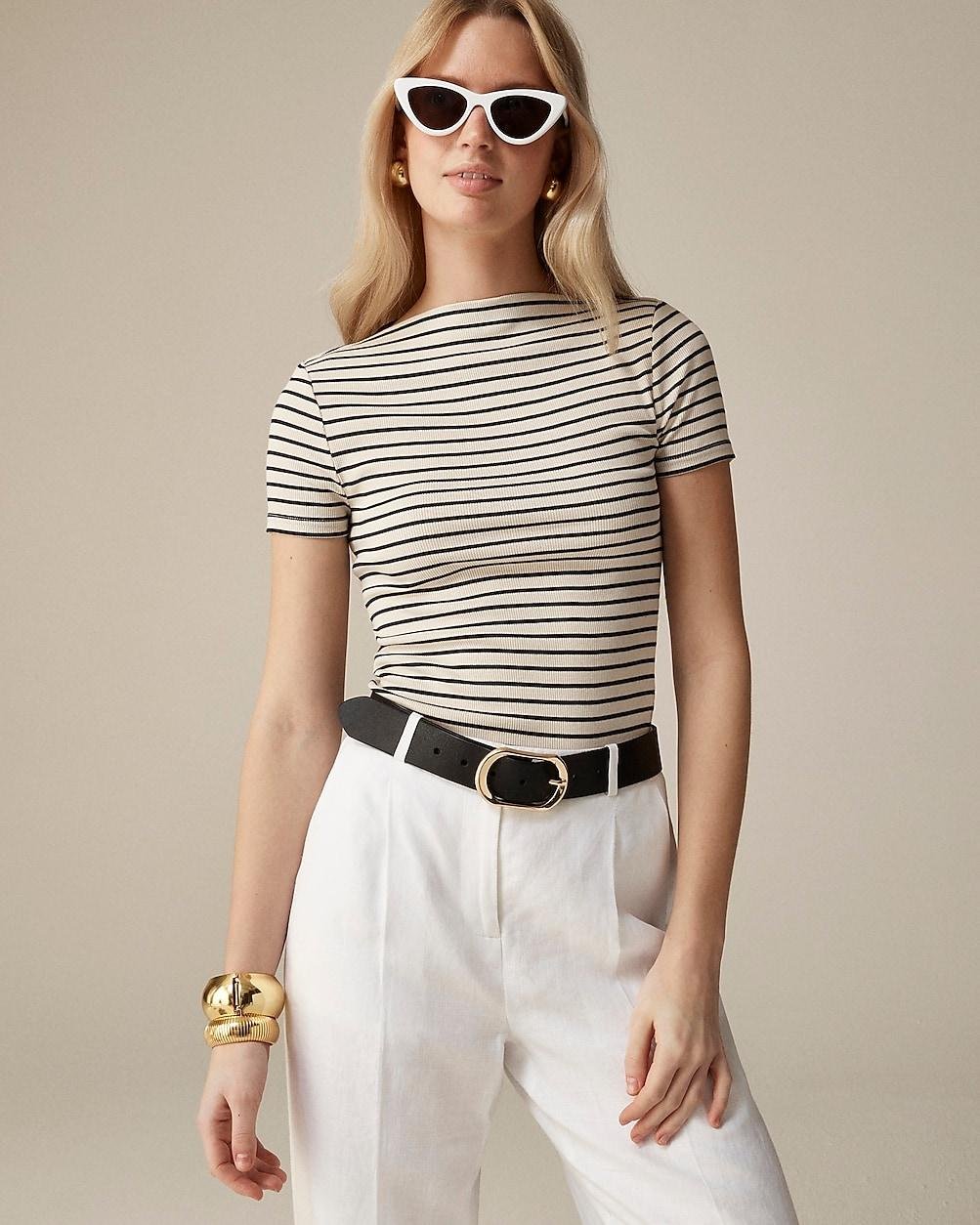 Fine-rib fitted boatneck T-shirt in stripe by J.CREW