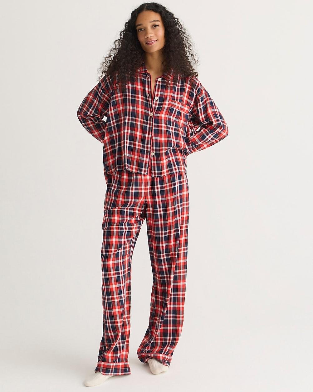 Flannel long-sleeve cropped pajama pant set in plaid by J.CREW