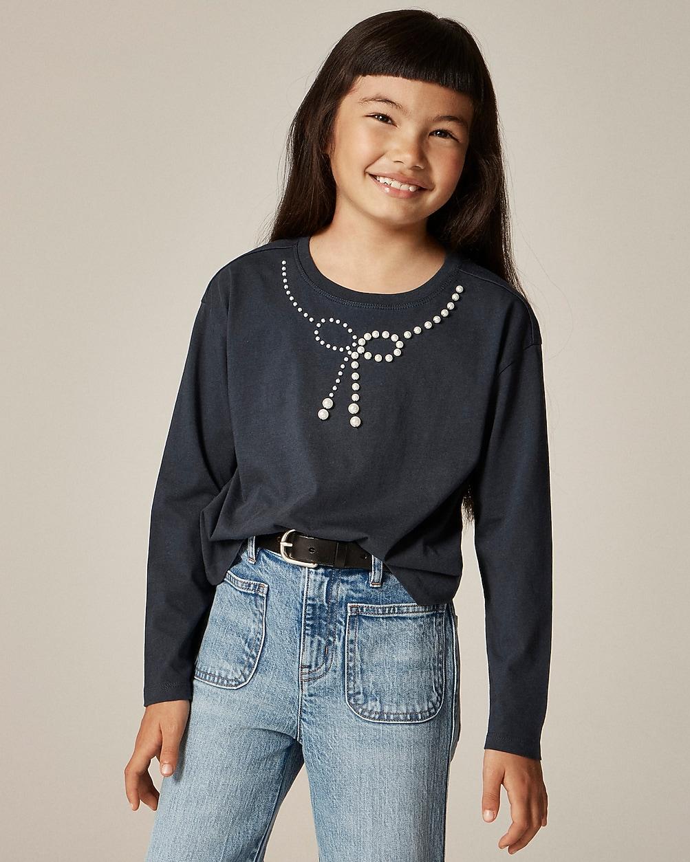 Girls' long-sleeve embellished bow T-shirt with pearls by J.CREW