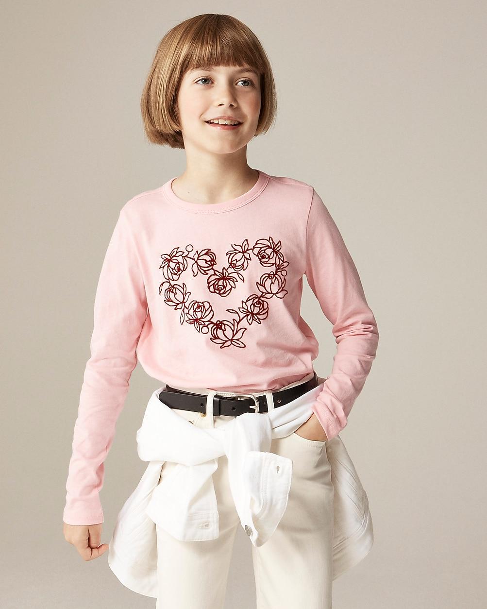 Girls' long-sleeve rosette heart graphic T-shirt with flocking by J.CREW