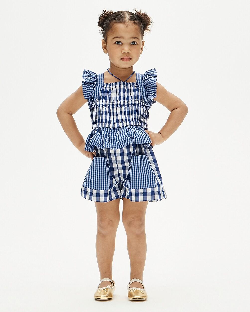 Girls' patch-pocket romper in mixed gingham cotton poplin by J.CREW