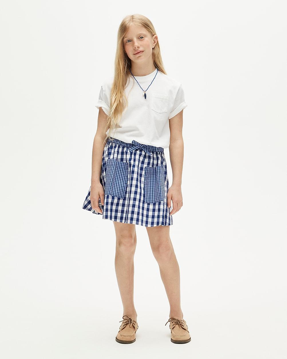 Girls' patch-pocket skirt in mixed gingham cotton poplin by J.CREW