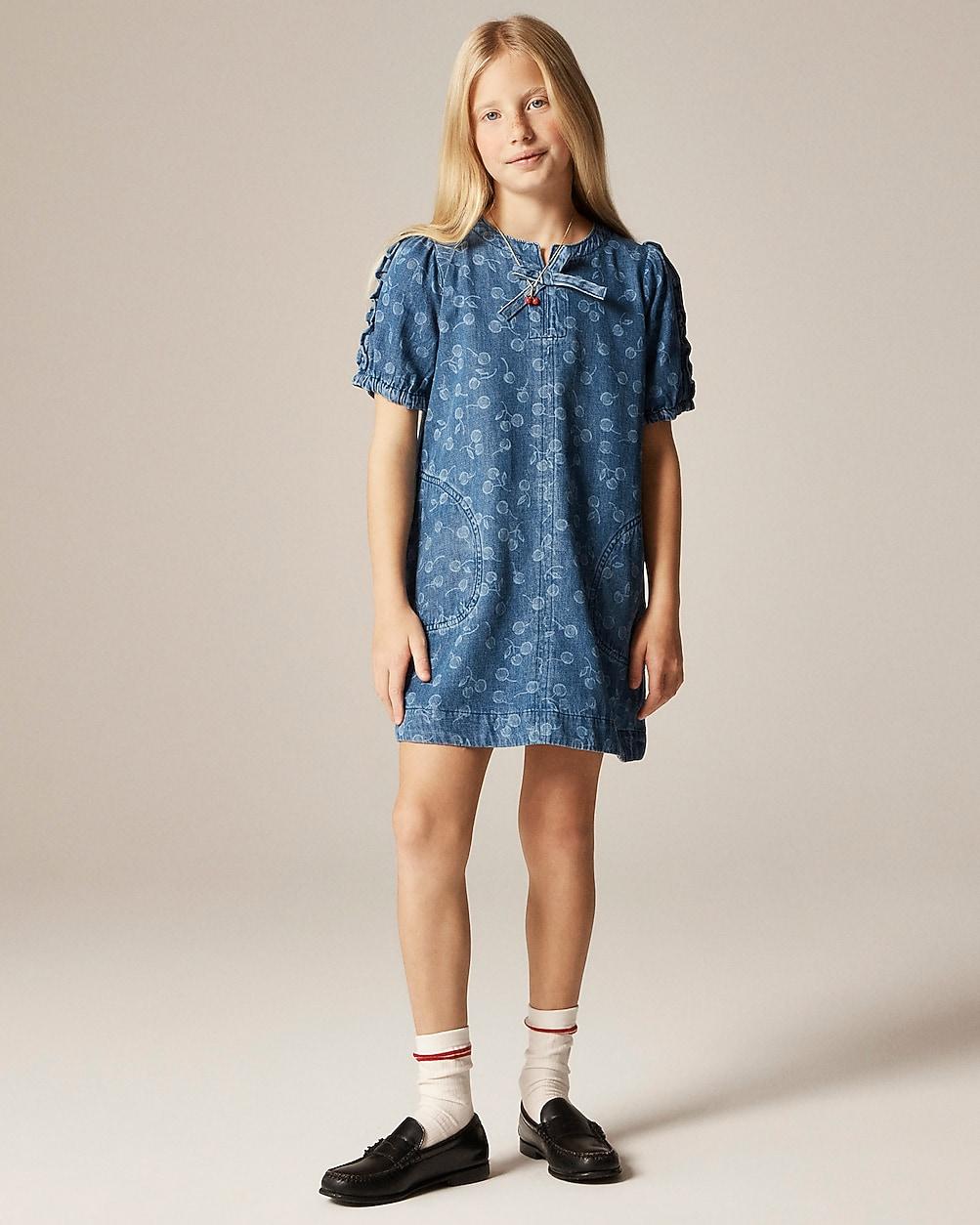 Girls' puff-sleeve cherry dress in drapey denim by J.CREW