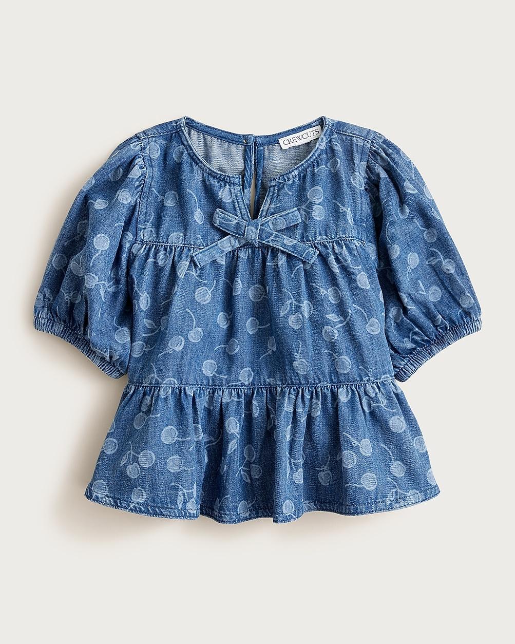 Girls' puff-sleeve cherry top in drapey denim by J.CREW