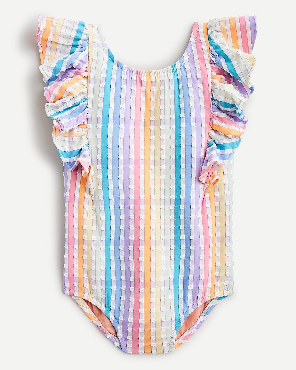 Girls' ruffle-shoulder swimsuit in rainbow gingham by J.CREW