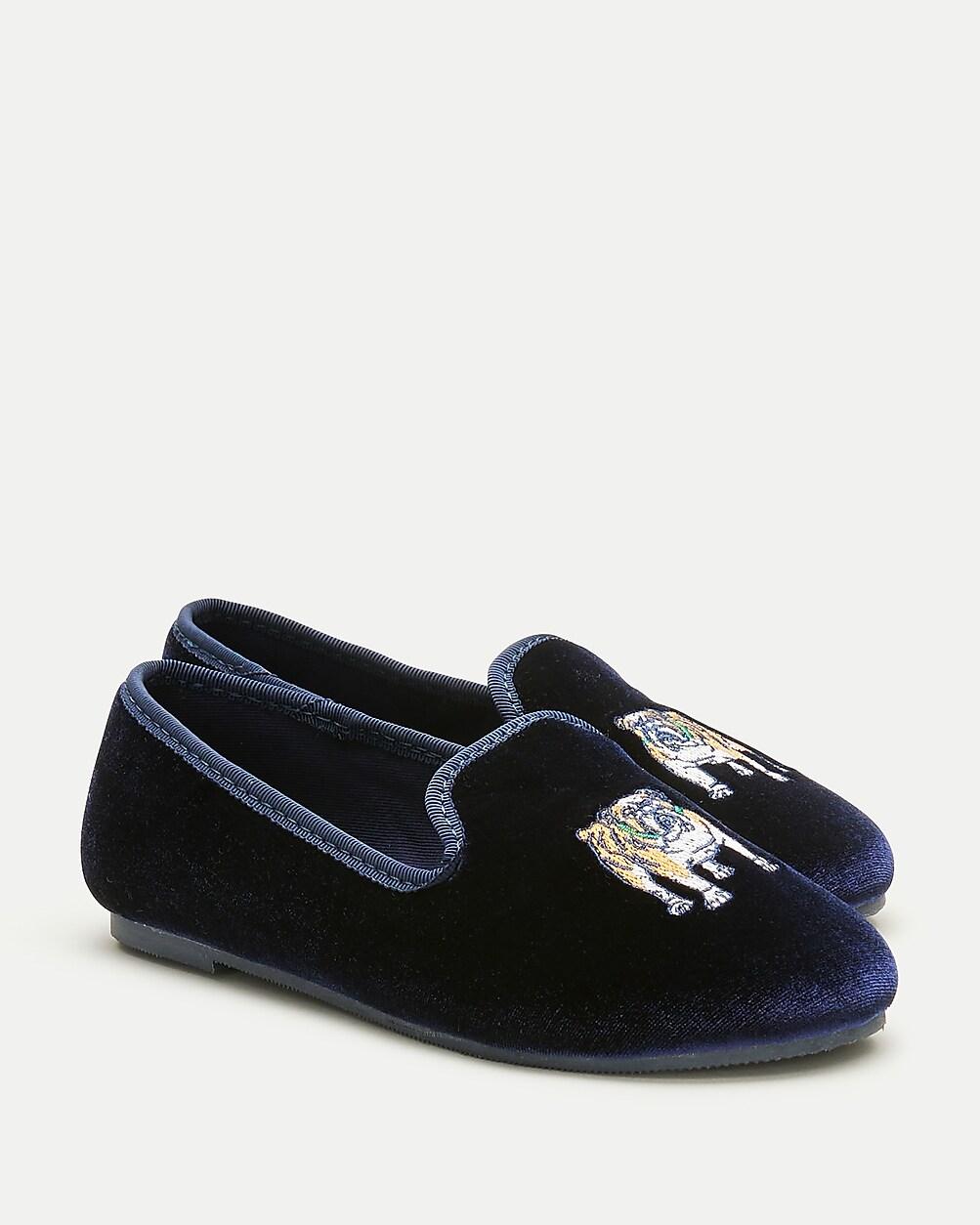 Kids' embroidered-bulldog velvet slip-on shoes by J.CREW