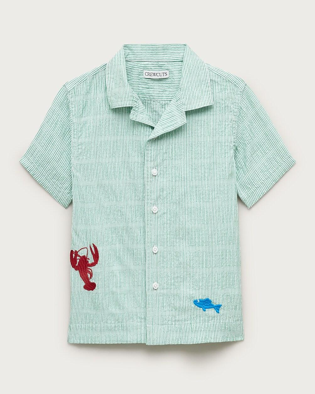 Kids' short-sleeve seersucker button-up shirt with embroidery by J.CREW