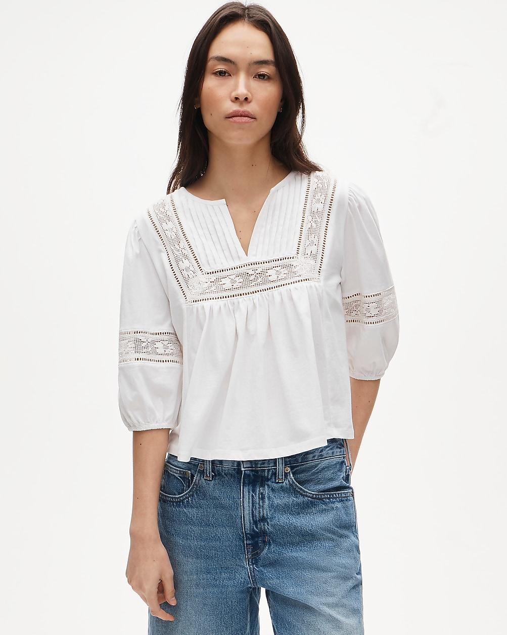 Lace-trim puff-sleeve shirt in broken-in jersey by J.CREW
