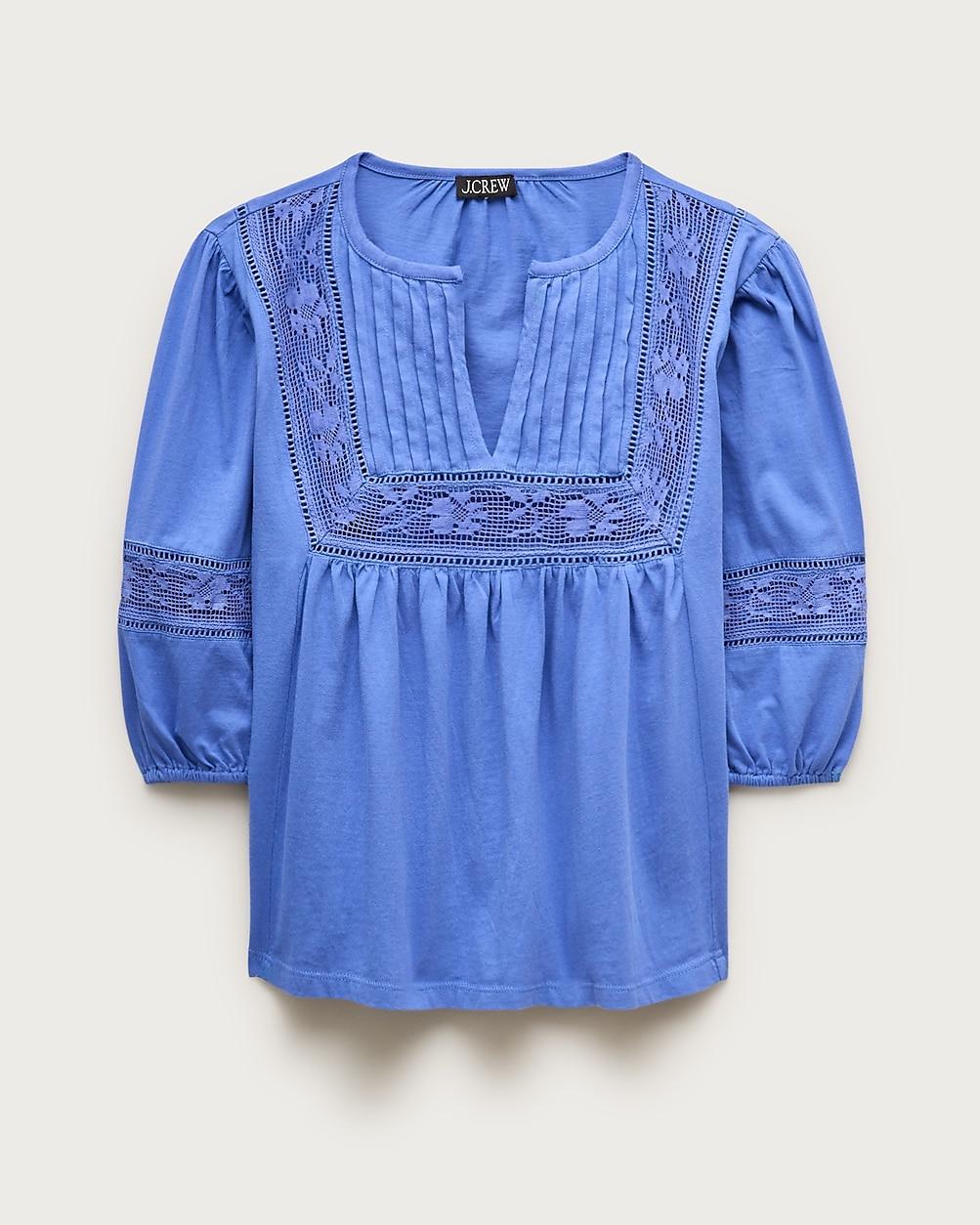 Lace-trim puff-sleeve shirt in broken-in jersey by J.CREW