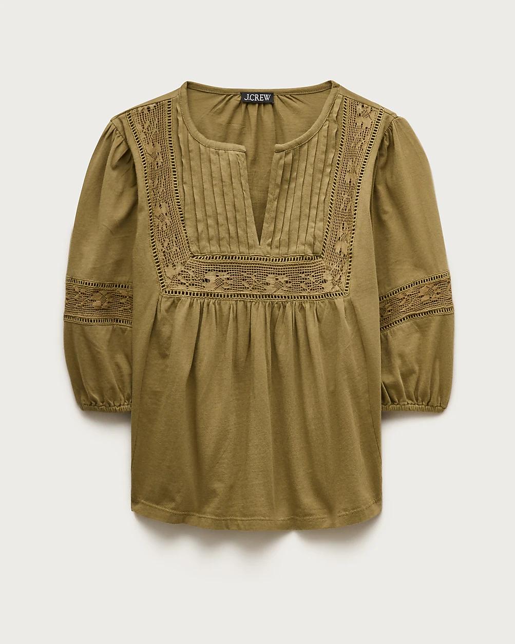 Lace-trim puff-sleeve shirt in broken-in jersey by J.CREW