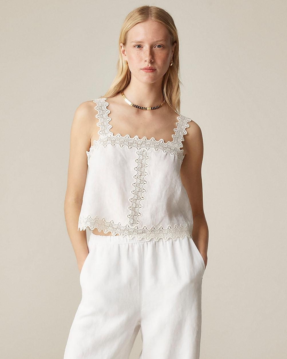 Lace-trim squareneck tank top in linen by J.CREW