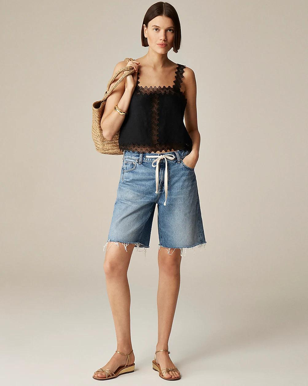 Lace-trim squareneck tank top in linen by J.CREW