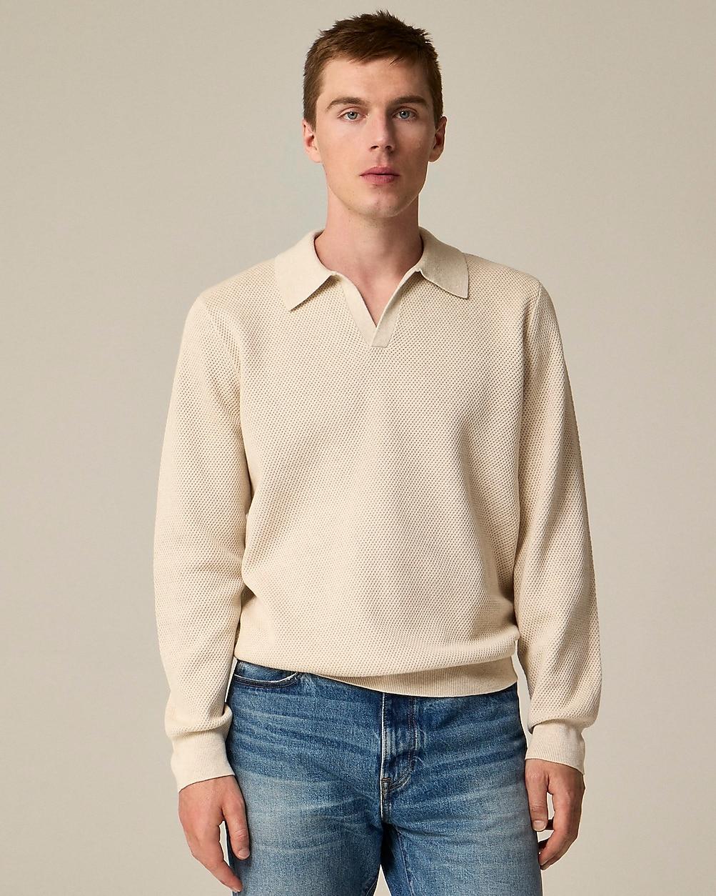 Long-sleeve cotton mesh-stitch johnny-collar sweater-polo by J.CREW Long-sleeve cotton mesh-stitch johnny-collar sweater-polo by J.CREW