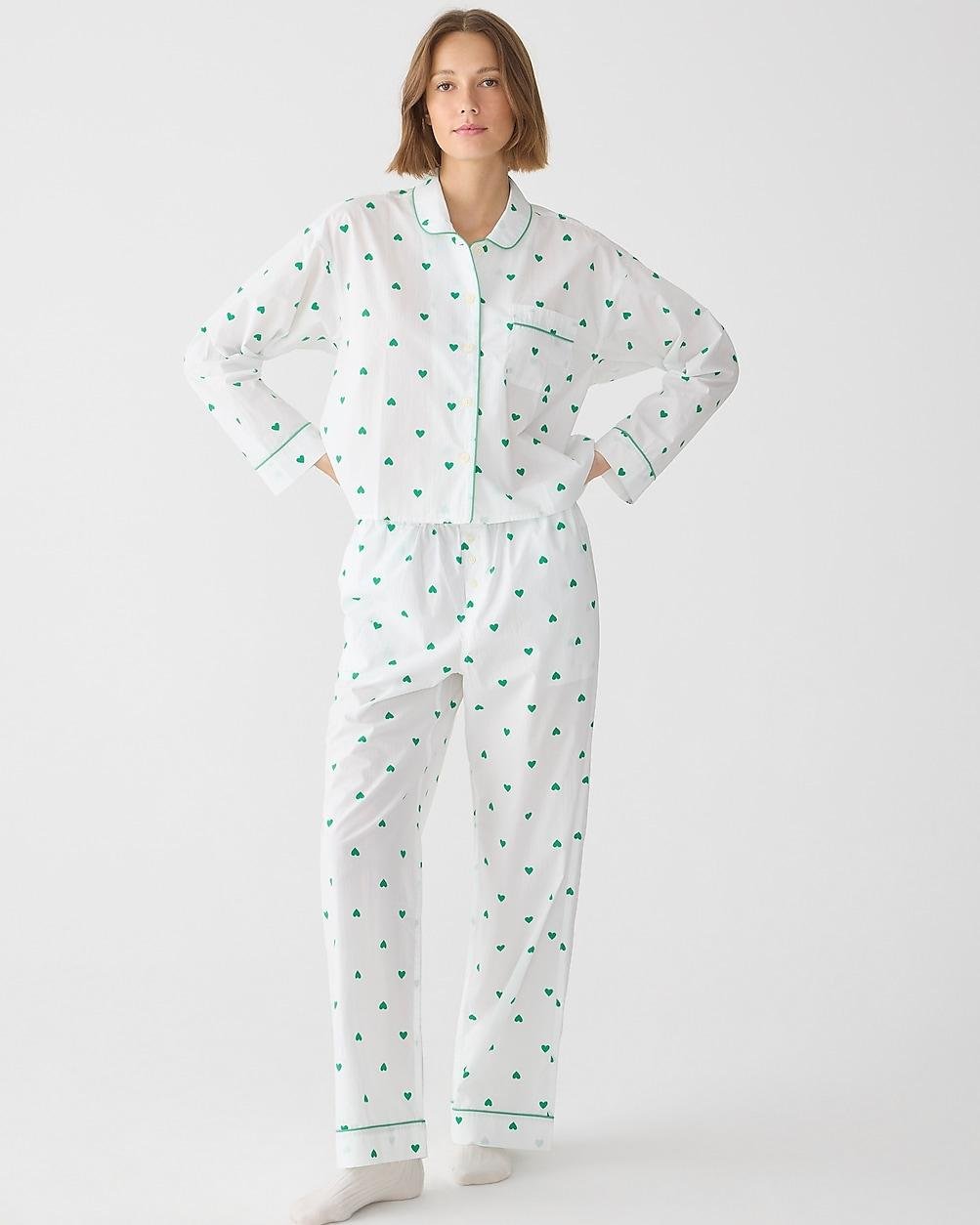 Long-sleeve cropped cotton poplin pajama pant set in green heart print by J.CREW