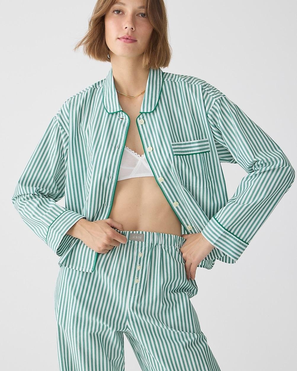 Long-sleeve cropped pajama pant set in striped cotton poplin by J.CREW
