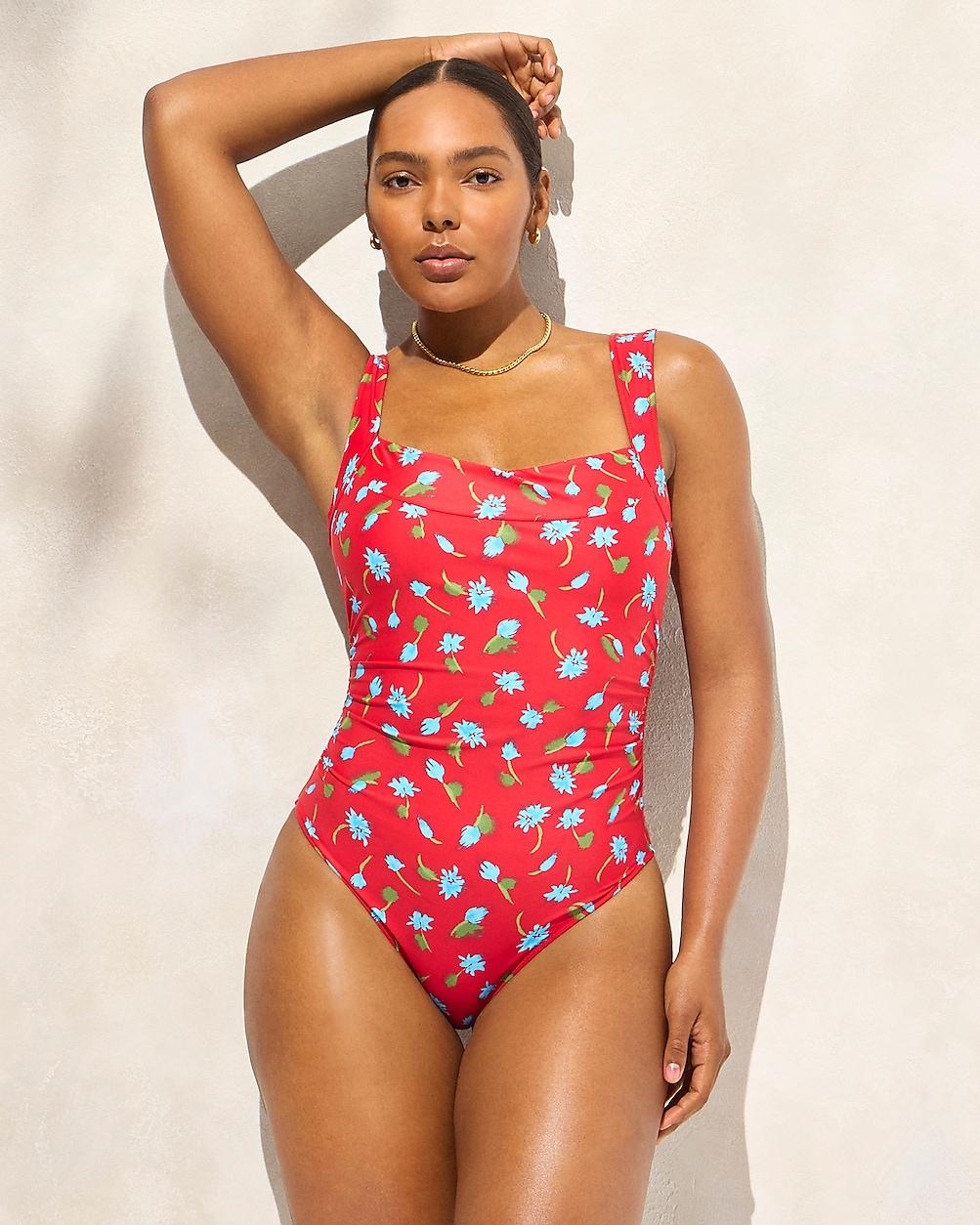 Long-torso Nia ruched squareneck one-piece in brushed daisy print by J.CREW