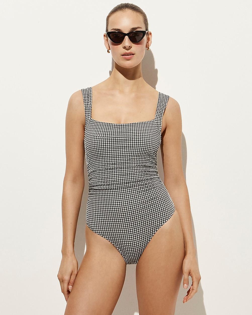Long-torso Nia ruched squareneck one-piece in gingham by J.CREW