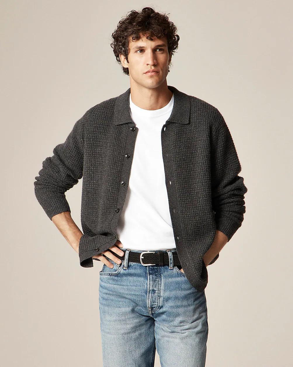 Midweight cashmere waffle-knit polo cardigan sweater by J.CREW Midweight cashmere waffle-knit polo cardigan sweater by J.CREW