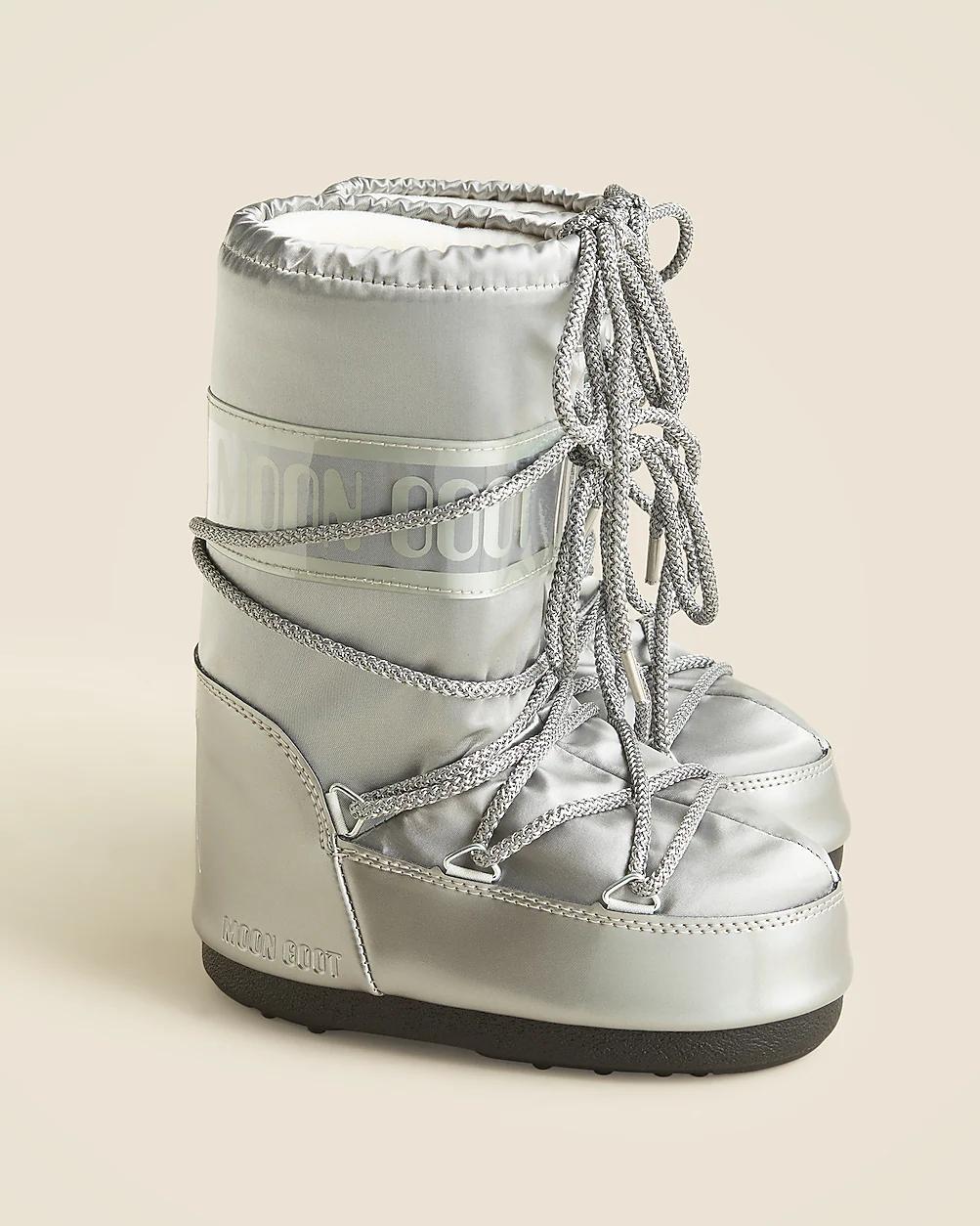 Moon Boot® kids' icon glance silver satin boots by J.CREW