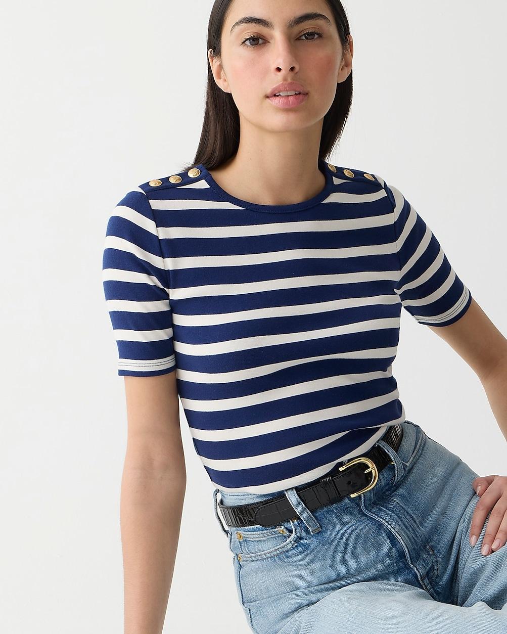 Perfect-fit elbow-sleeve T-shirt in stripe with gold buttons by J.CREW