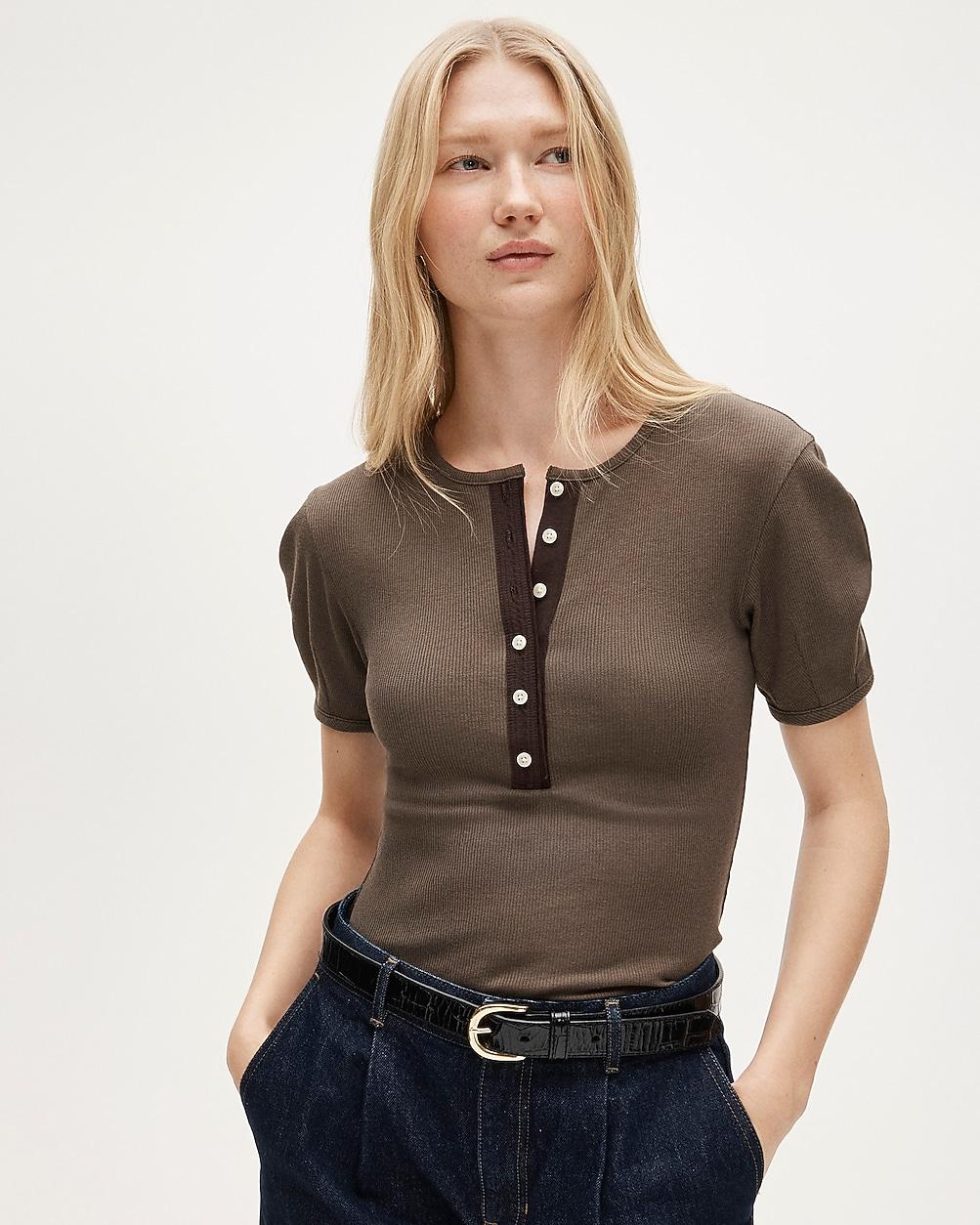 Perfect rib puff-sleeve henley shirt by J.CREW