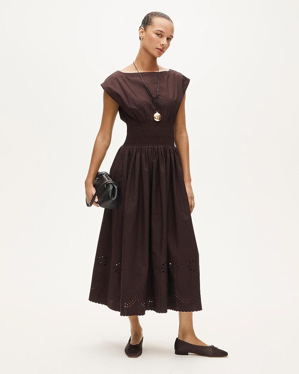 Petite smocked eyelet-hem dress in cotton poplin by J.CREW