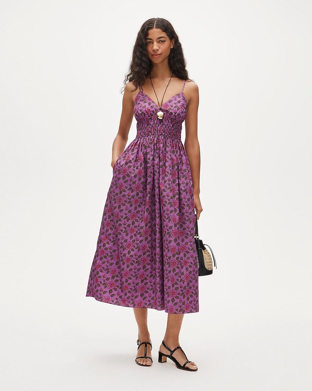Petite smocked-waist V-neck dress in iris floral by J.CREW