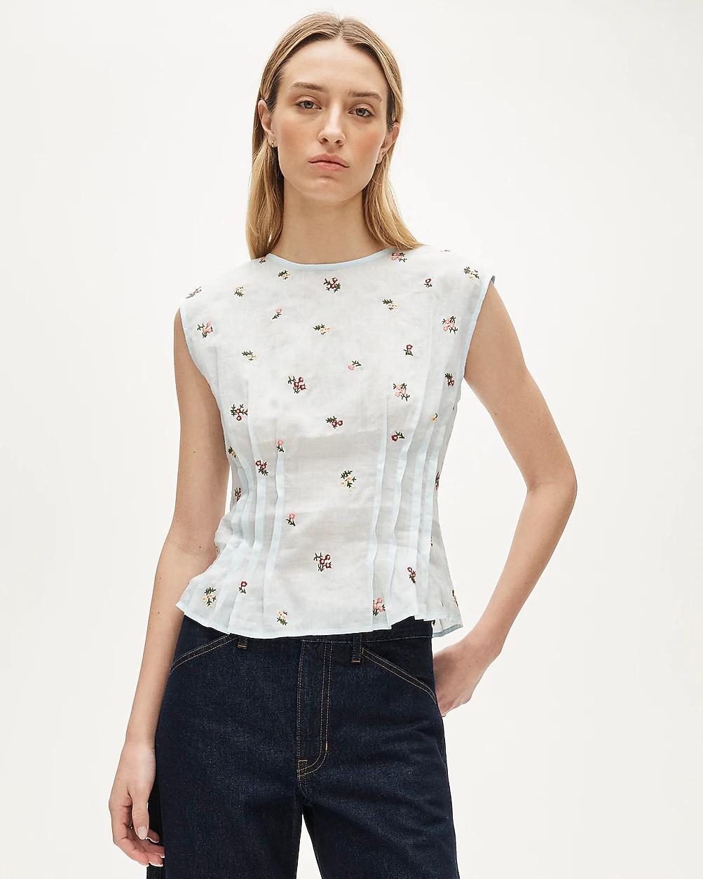 Pintuck shell top in ramie with embroidered florals by J.CREW