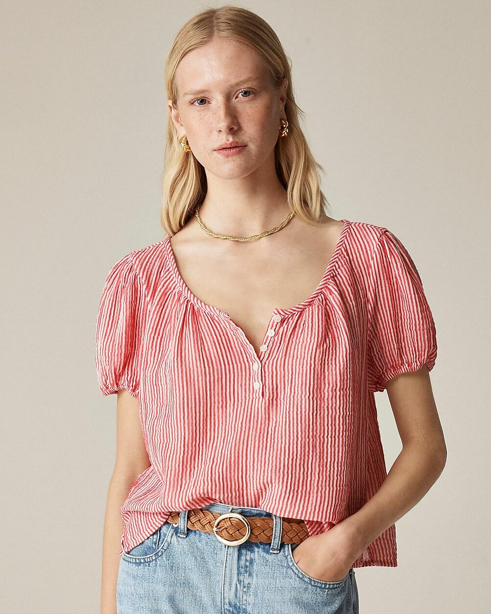 Puff-sleeve henley in striped gauze by J.CREW