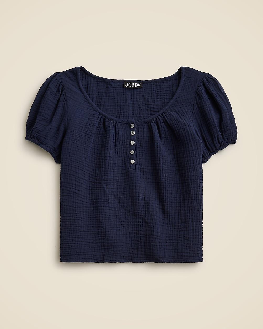 Puff-sleeve henley top in gauze by J.CREW