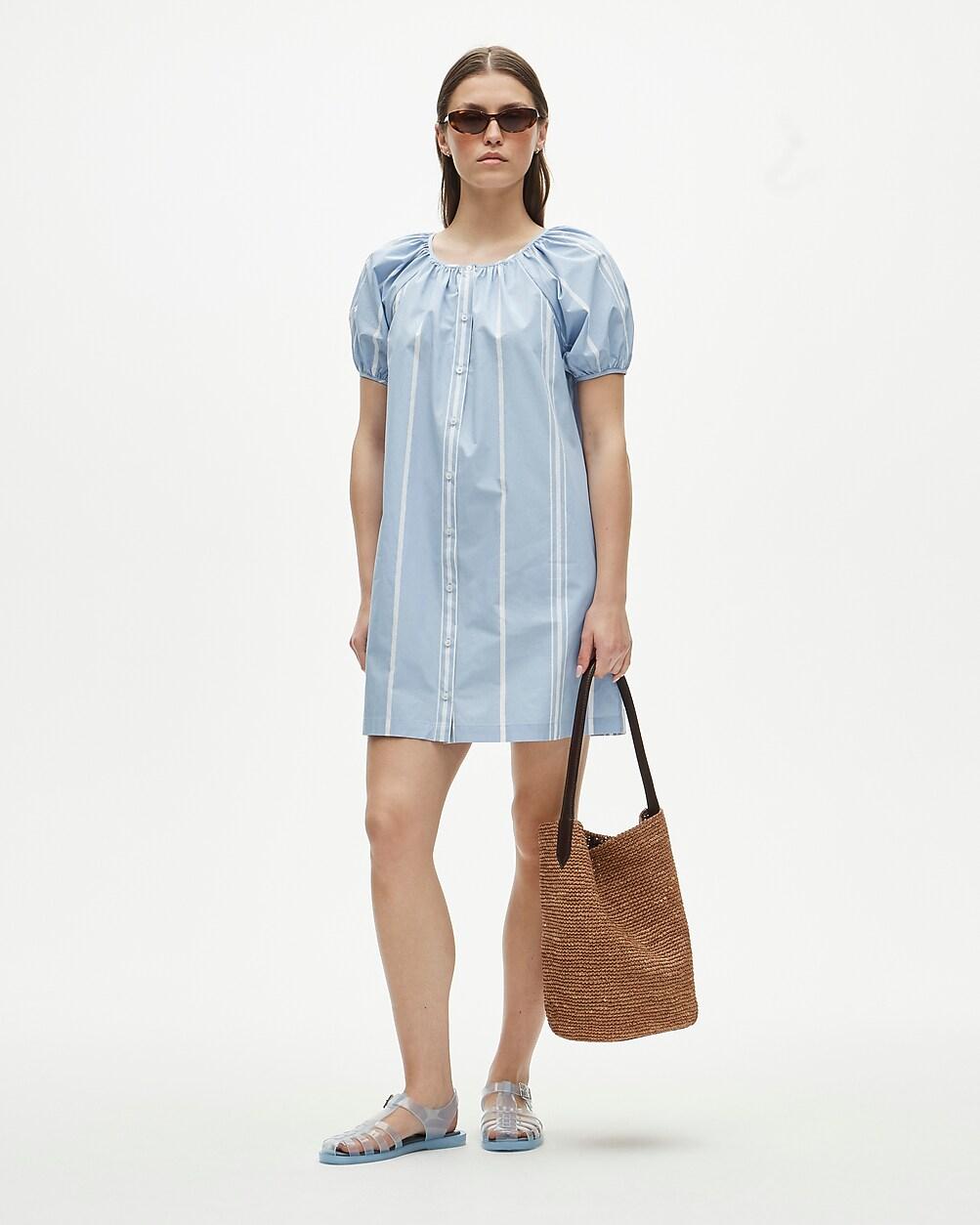 Puff-sleeve popover dress in striped cotton poplin by J.CREW