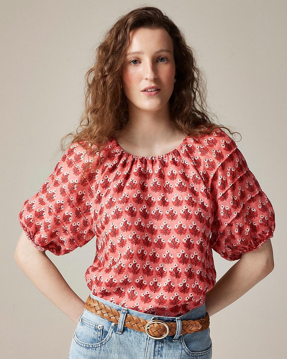 Puff-sleeve top in block-print ramie by J.CREW