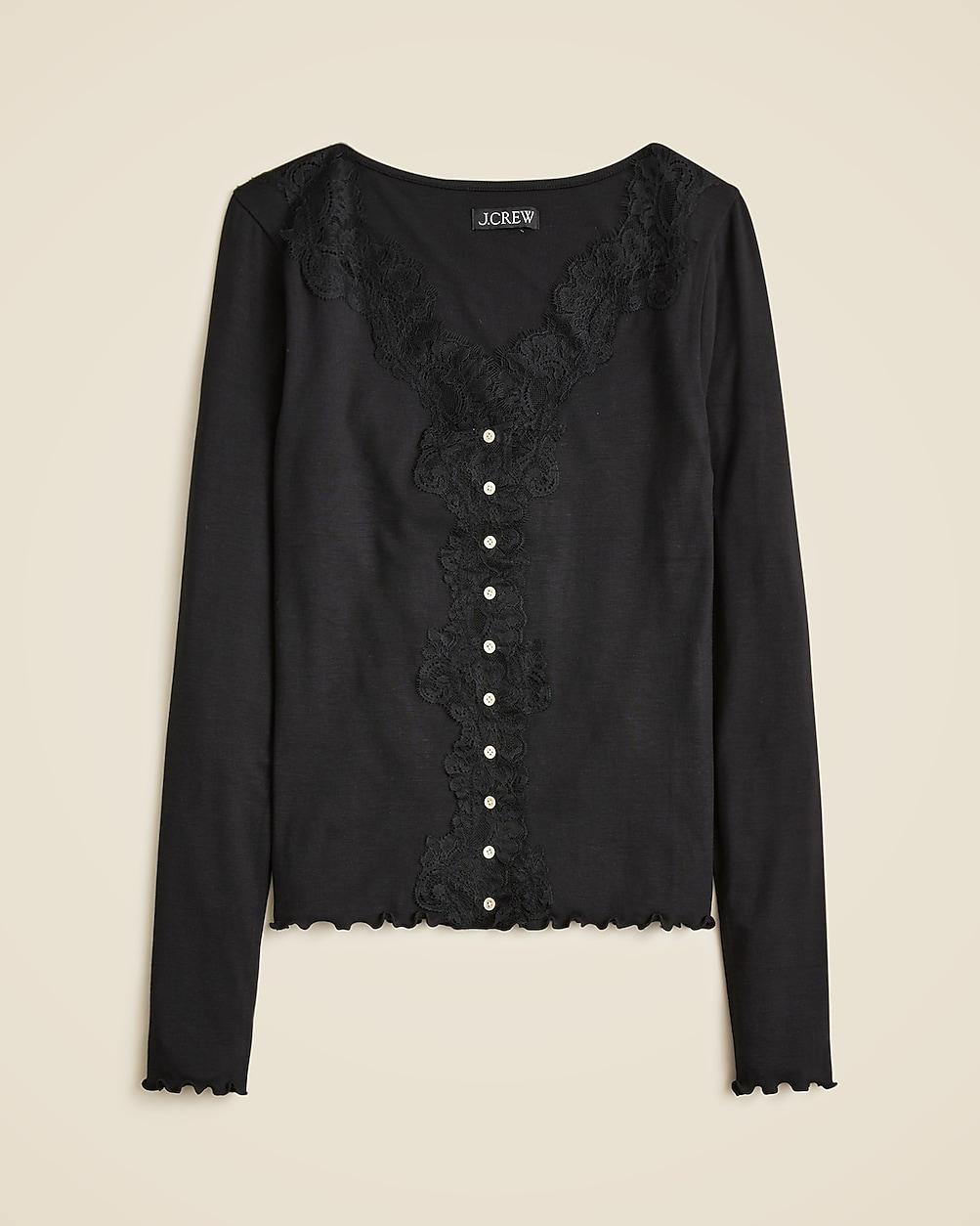 Refined rib cardigan top with lace trim by J.CREW