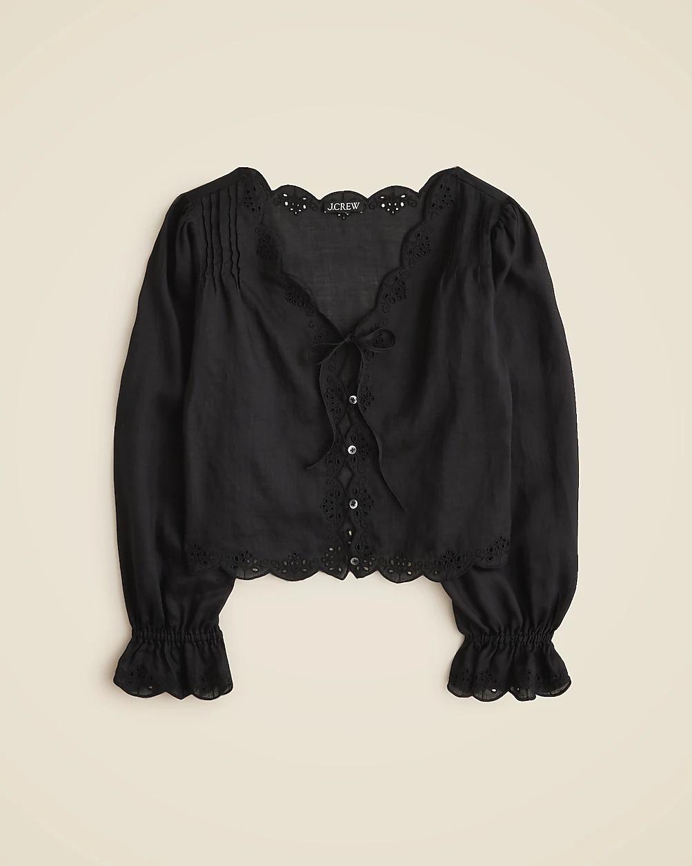 Scallop-trim tie-front top in ramie by J.CREW
