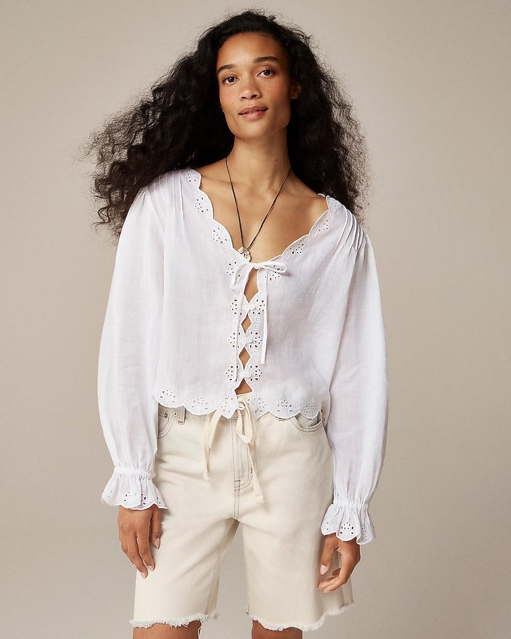 Scallop-trim tie-front top in ramie by J.CREW