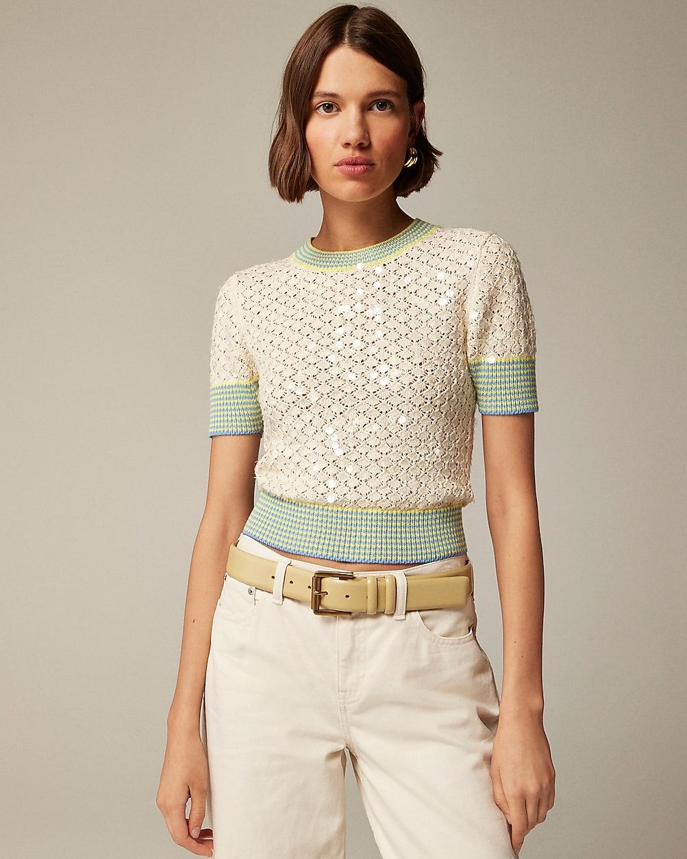 Sequin pointelle sweater-tee with striped trim by J.CREW Sequin pointelle sweater-tee with striped trim by J.CREW