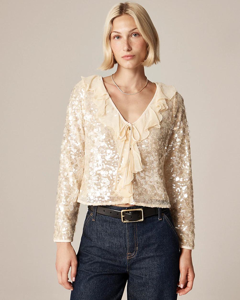 Sequin ruffle-trim shirt with ties by J.CREW