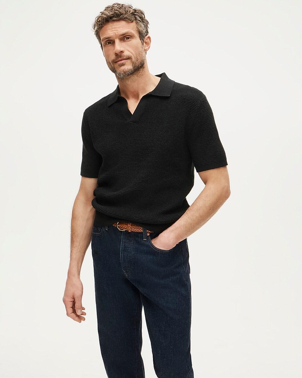 Short-sleeve cotton waffle-knit johnny-collar sweater-polo by J.CREW