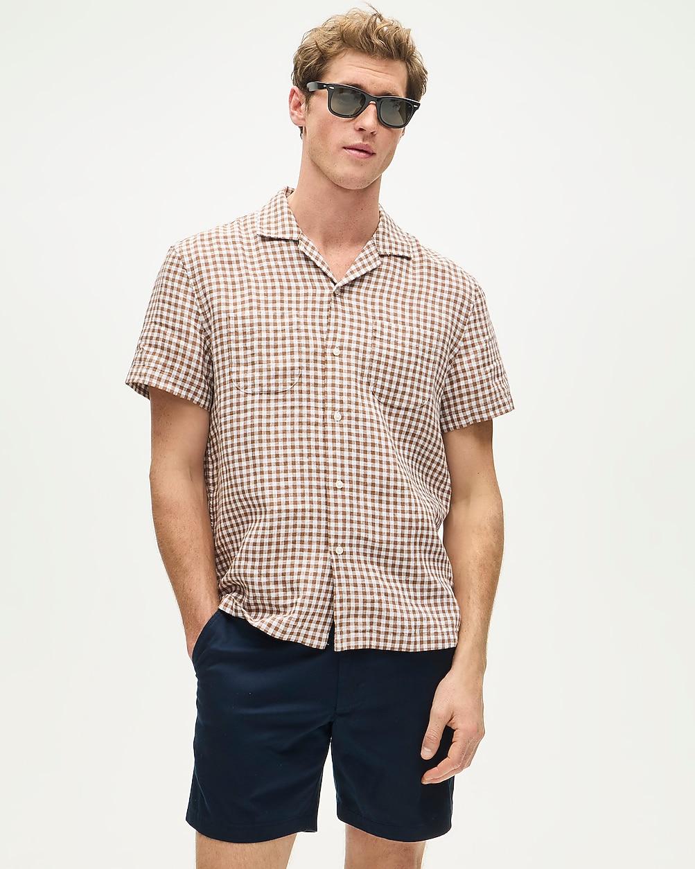 Short-sleeve linen camp-collar shirt in gingham by J.CREW