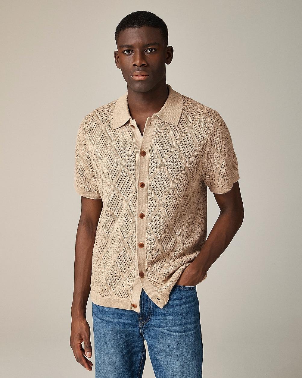 Short-sleeve linen diamond-stitch sweater-polo by J.CREW