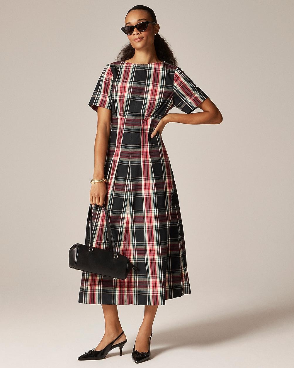 Short-sleeve midi dress in tartan cotton blend by J.CREW