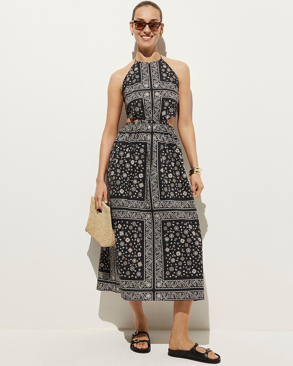 Side-cutout halter dress in bandana-print cotton poplin by J.CREW