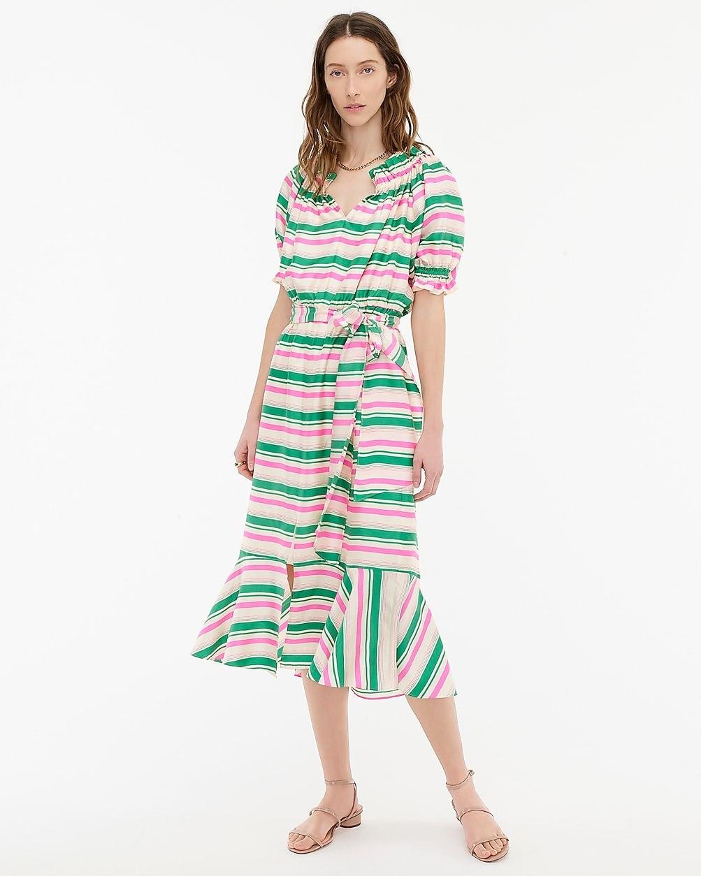 Silk-twill ruffleneck dress in stripe by J.CREW