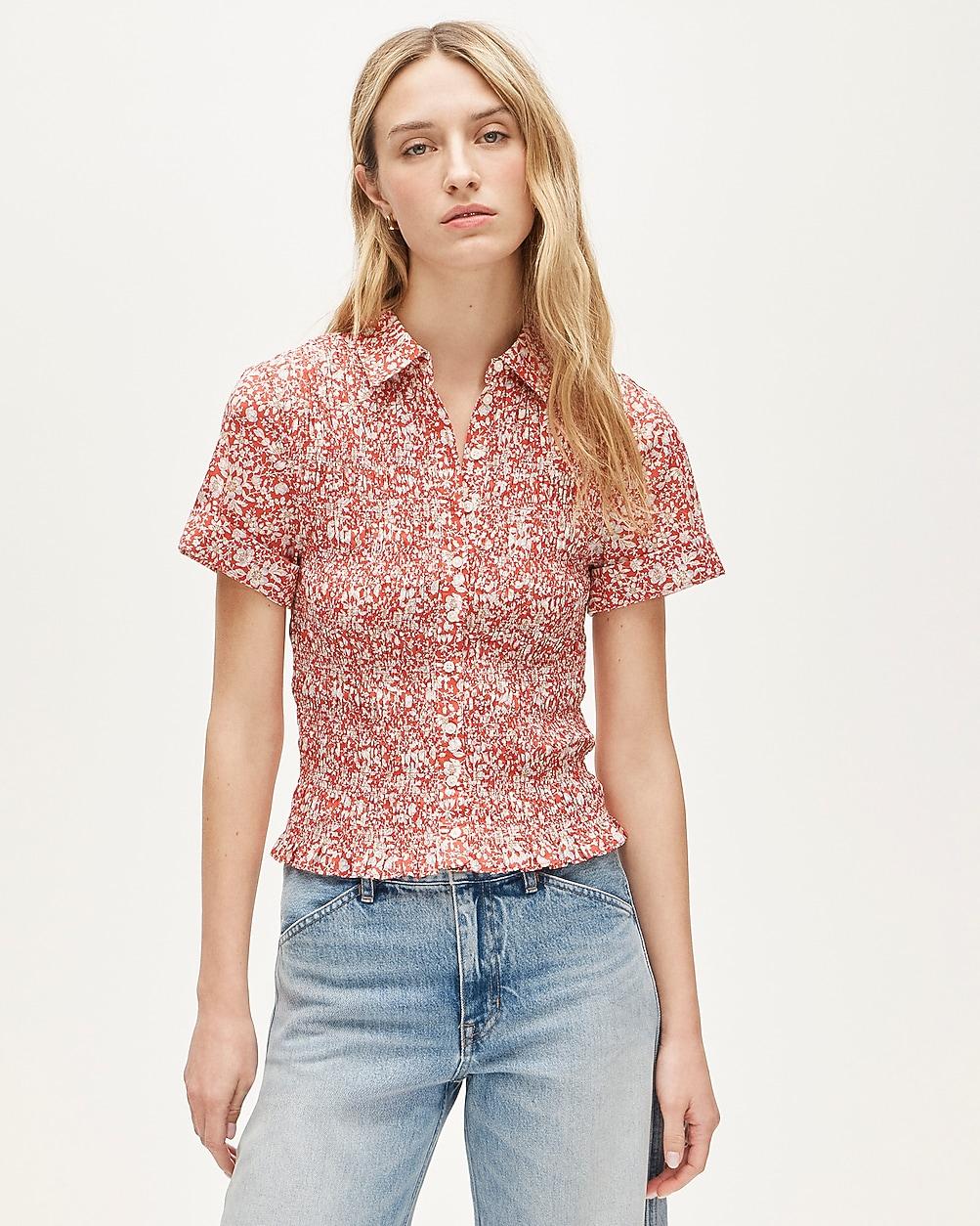 Smocked button-up short-sleeve shirt in floral print by J.CREW