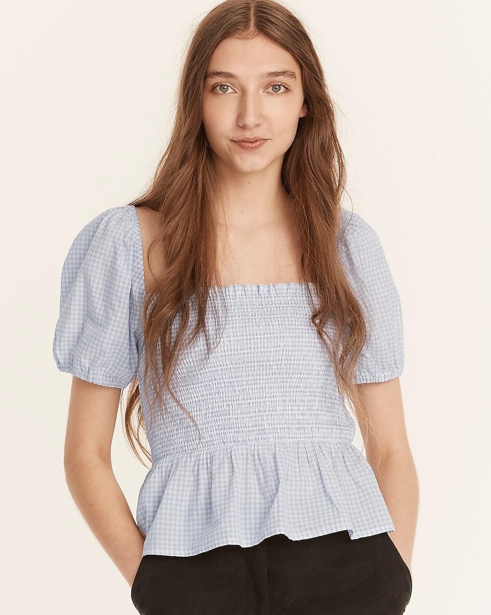 Squareneck smocked cotton voile top in gingham by J.CREW